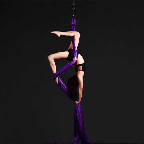 Aerial silks performer posing upside down with purple silks