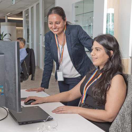 In an open plan corporate office, one colleague sits looking at a computer screen with a hand on the mouse, while a colleague stands, leaning on the desk also looking at the screen.